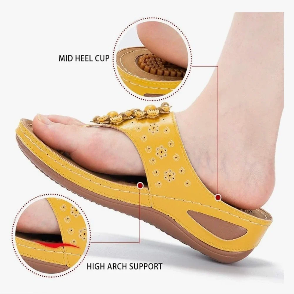 Womens Yellow Flower Thong‎ Sandals Comfort Slip On Summer Shoes